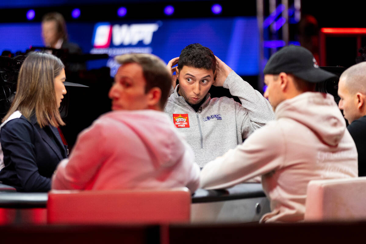 Frank Funaro reacts after a play in the final table of the World Poker Tour World Championship ...