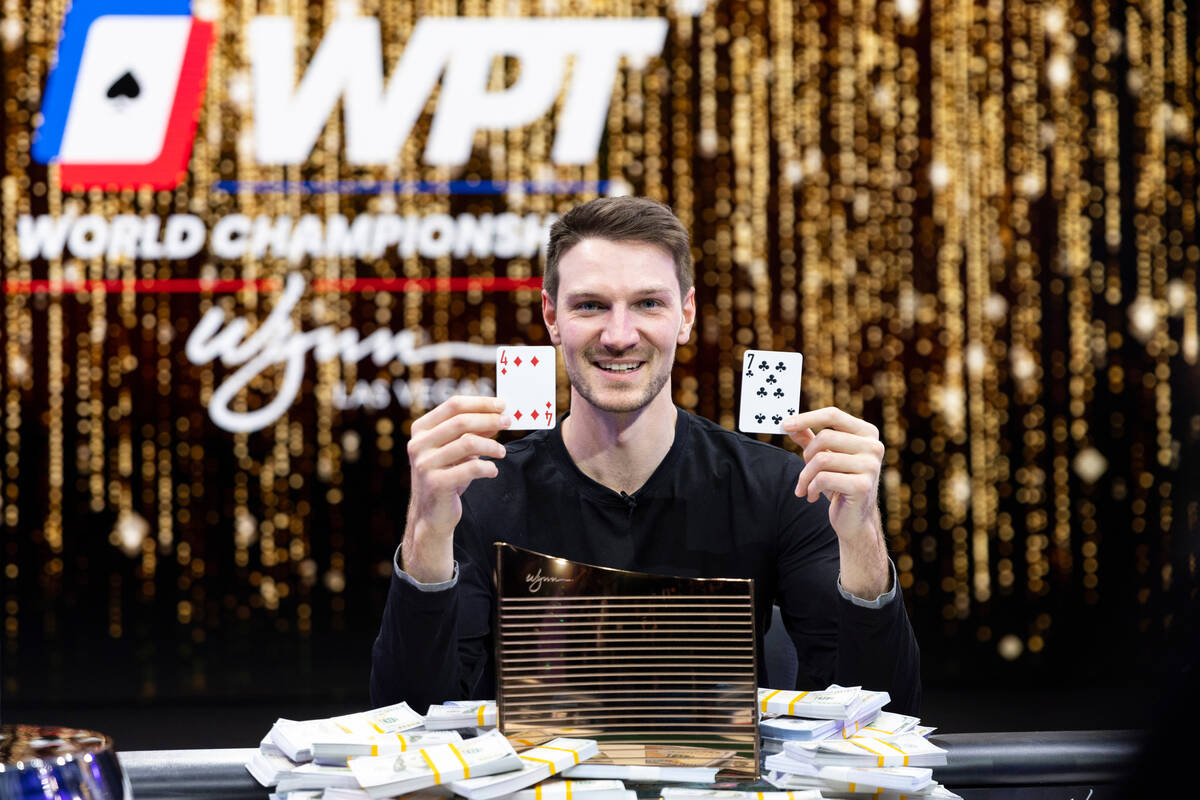 Eliot Hudon poses for a photo after his win in the final table of the World Poker Tour World Ch ...