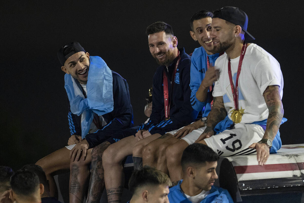 Captain Lionel Messi, send from left, sits with Angel de Maria, second from right, and Nicolas ...