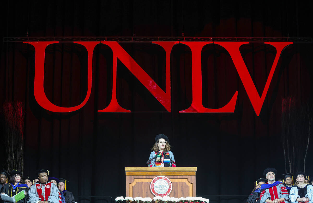 Maria Ramos Gonzalez speaks at the UNLV graduate degree graduation ceremony at the Thomas & ...