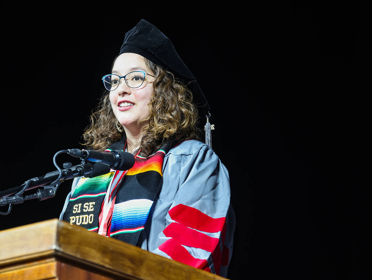 Maria Ramos Gonzalez speaks at the UNLV graduate degree graduation ceremony at the Thomas & ...