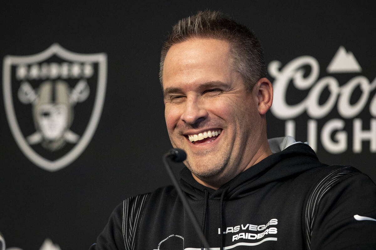 Raiders head coach Josh McDaniels speaks during a news conference at the Intermountain Healthca ...