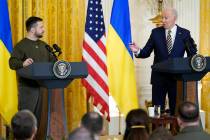 President Joe Biden speaks during a news conference with Ukrainian President Volodymyr Zelensky ...
