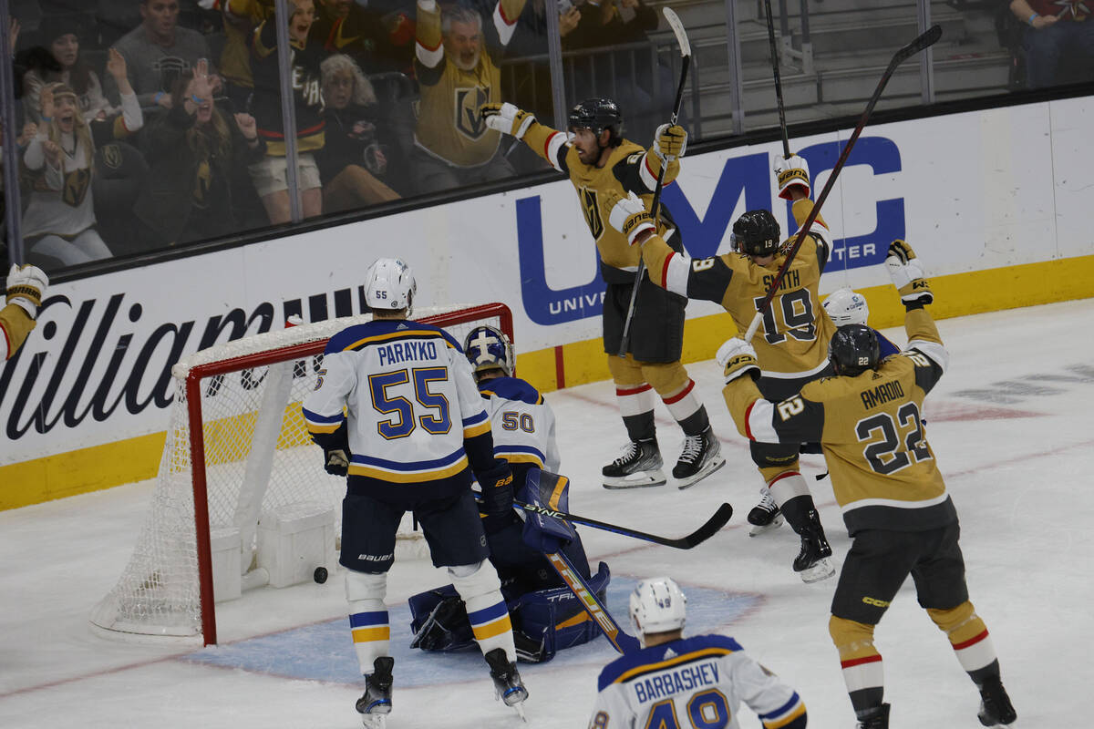 Golden Knights center Chandler Stephenson (20) celebrates his goal against St. Louis Blues goal ...
