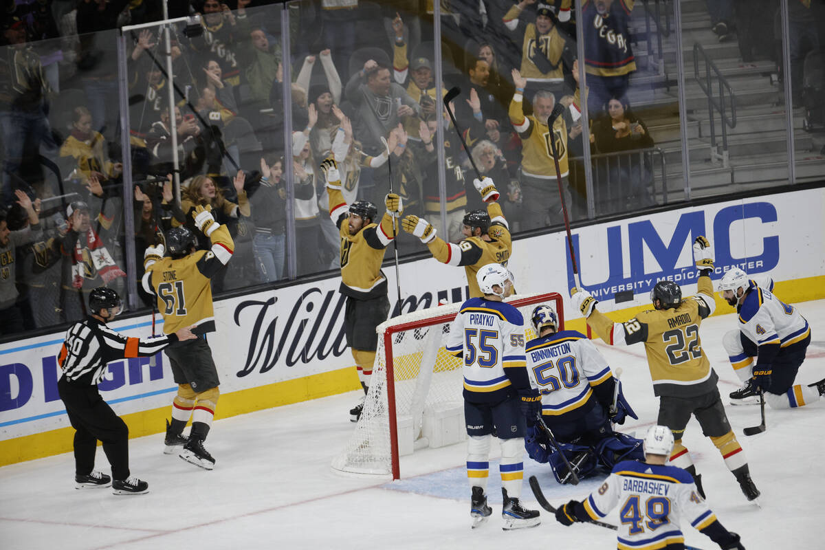 Golden Knights center Chandler Stephenson (20) celebrates his goal against St. Louis Blues goal ...