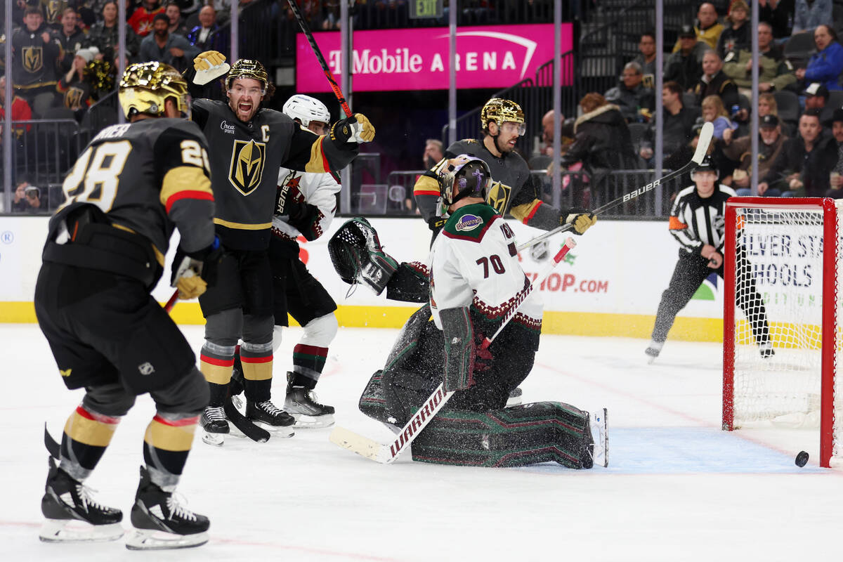 Vegas Golden Knights right wing Mark Stone (61) reacts after a goal by left wing William Carrie ...