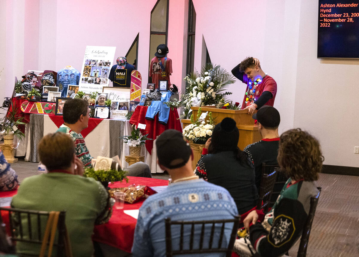 Noah Gallardo, a friend of Ashton Hynd, pauses as he speaks during a memorial service at Palm N ...