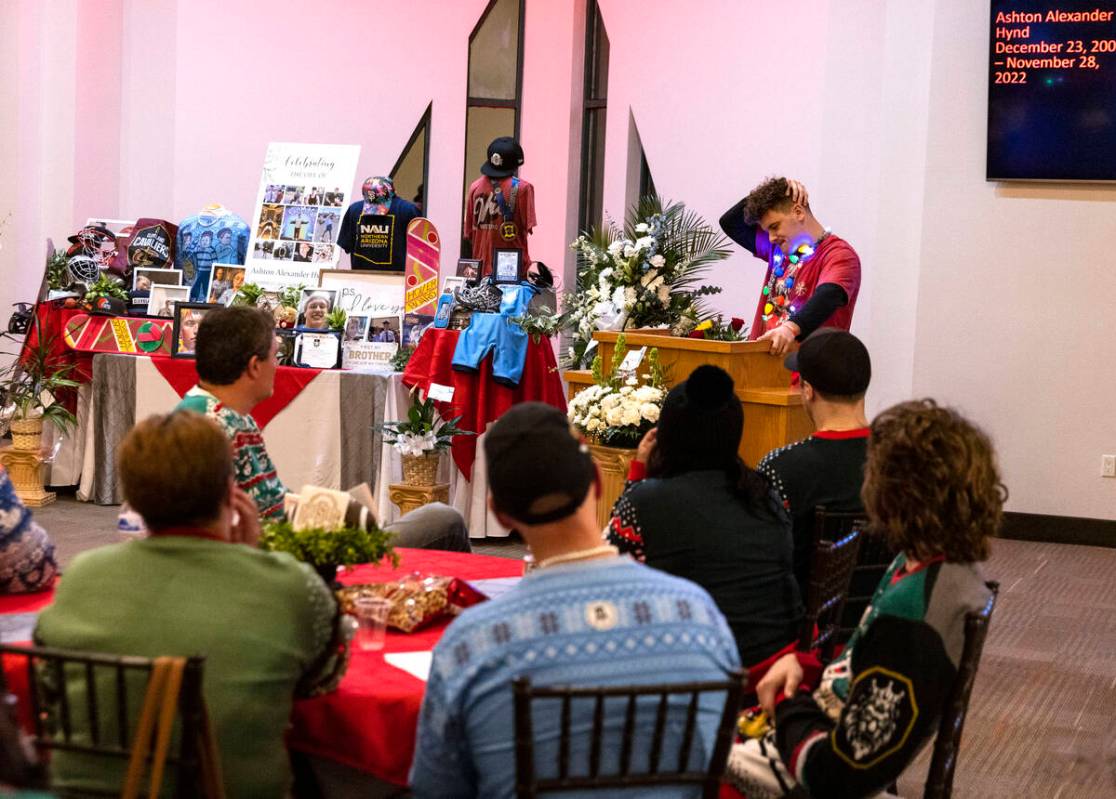 Noah Gallardo, a friend of Ashton Hynd, pauses as he speaks during a memorial service at Palm N ...