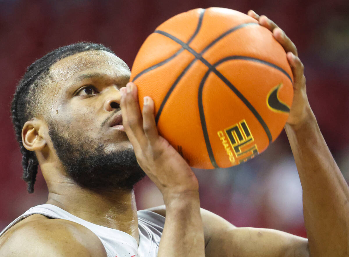 UNLV Rebels guard EJ Harkless (55) looks to shoot a free throw against the Southern Miss Golden ...