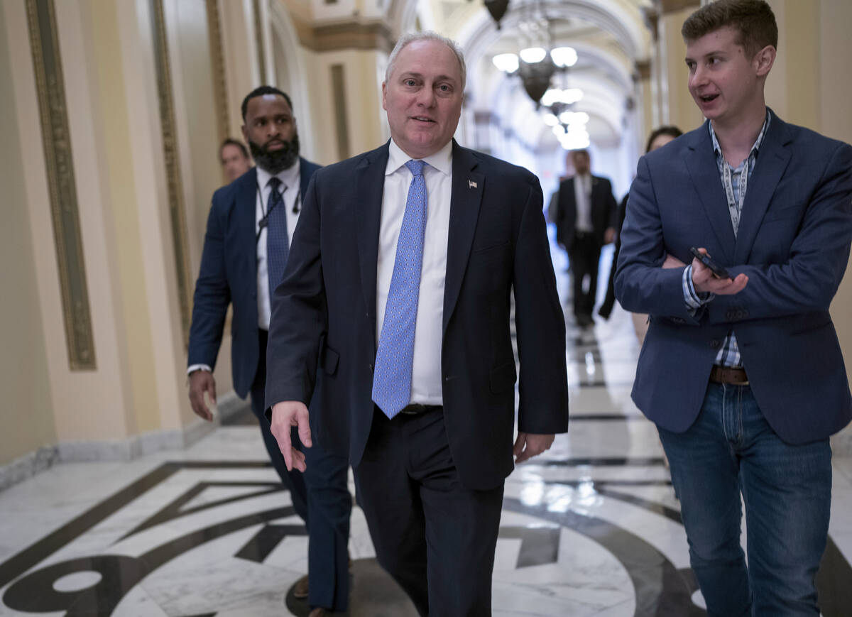 House Minority Whip Steve Scalise, R-La., speaks with a reporter as he leaves the chamber while ...