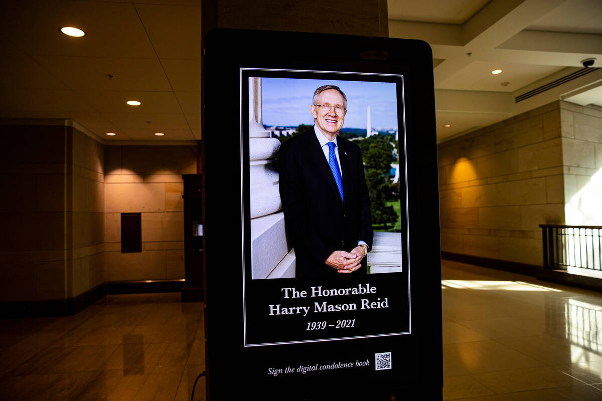 An image of former U.S. Sen. Harry Reid is seen by the Capitol Visitors Center on Tuesday, Jan. ...