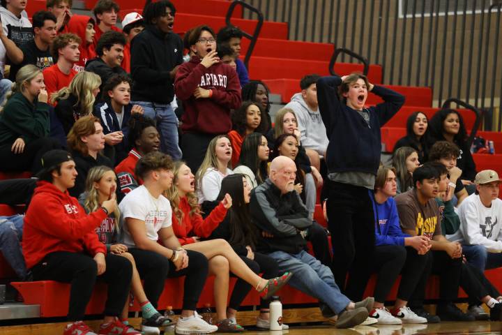 People react after a play during a boy's basketball game between Shadow Ridge and Arbor View at ...