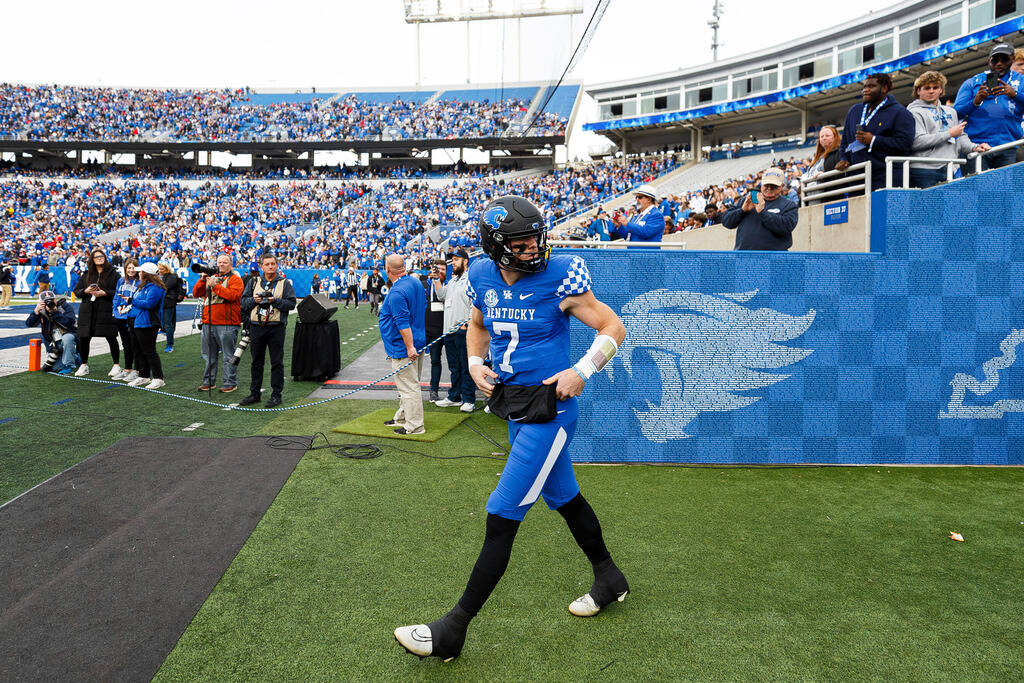 Kentucky quarterback Will Levis walks onto the field before an NCAA college football game again ...