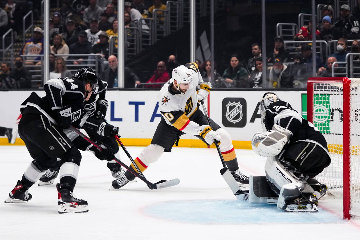 Los Angeles Kings goaltender Pheonix Copley (29) makes a save against Vegas Golden Knights' Nic ...