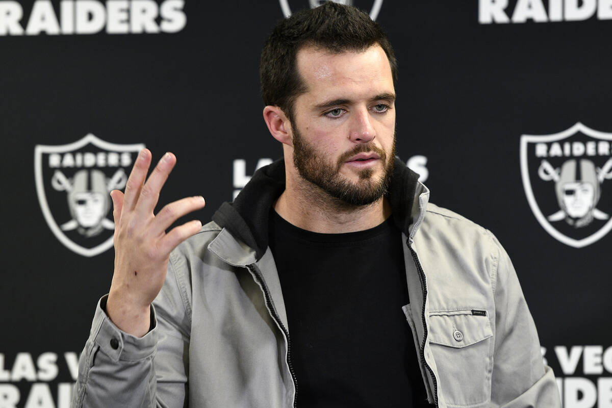 Las Vegas Raiders quarterback Derek Carr meets with reporters after an NFL football game in Pit ...