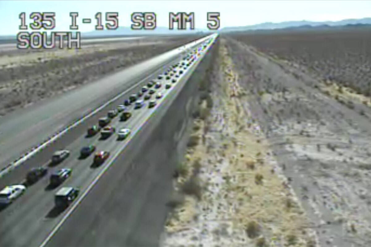 A Nevada Department of Transportation traffic camera shows backed up traffic on Interstate 15 h ...