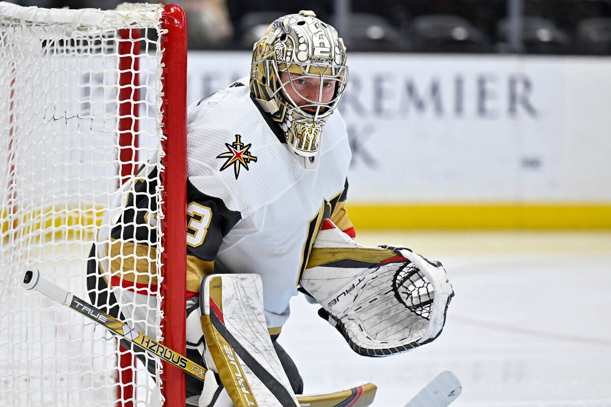 Vegas Golden Knights goaltender Adin Hill protects his net during the first period of an NHL ho ...