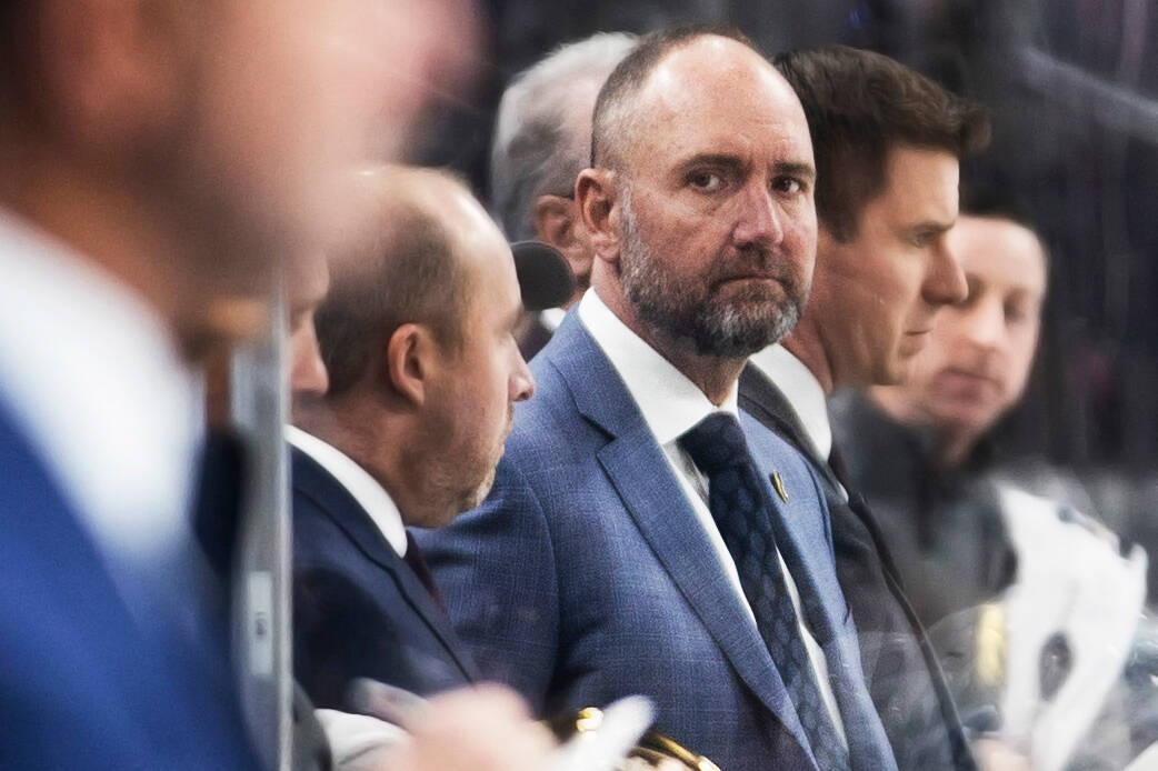 Golden Knights head coach Peter DeBoer looks on in the third period during an NHL hockey game a ...