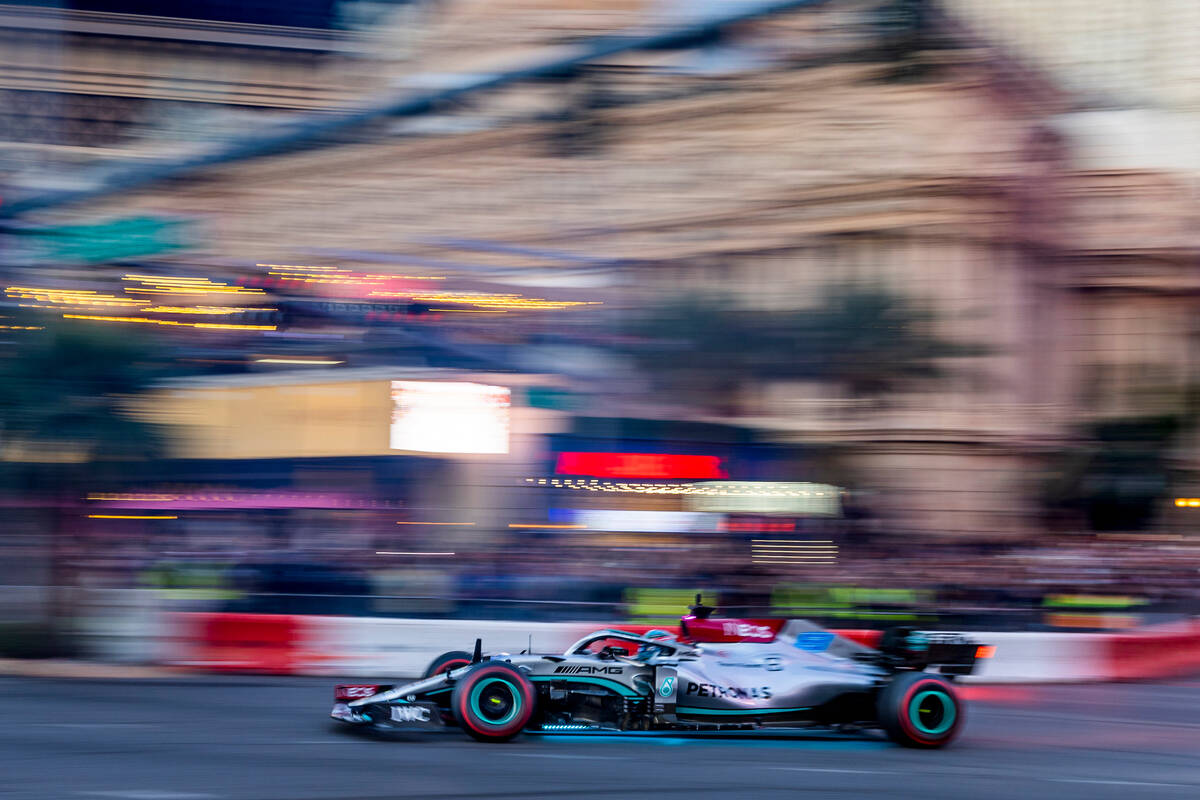 Racer George Russell turns out of the Paris while racing down the Strip during the Formula One ...