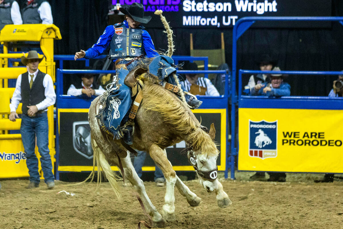 Stetson Wright of Milford, Utah, dominates on his ride in Saddle Bronc Riding during the Nation ...