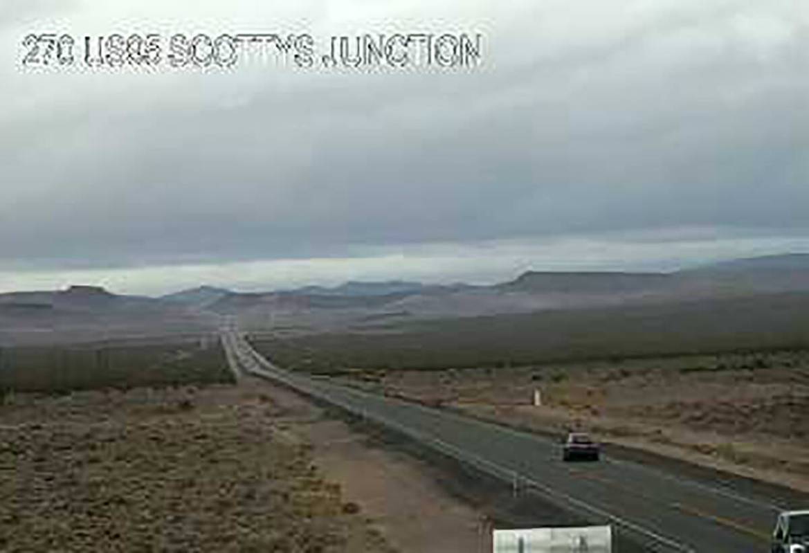 Clouds, no snow, are seen on U.S. 95 near Scotty's Junction north of Beatty, Nev., about 3:30 p ...
