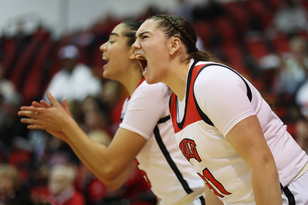 UNLV Lady Rebels center Erica Collins (31) reacts after a play during the second half of a wome ...
