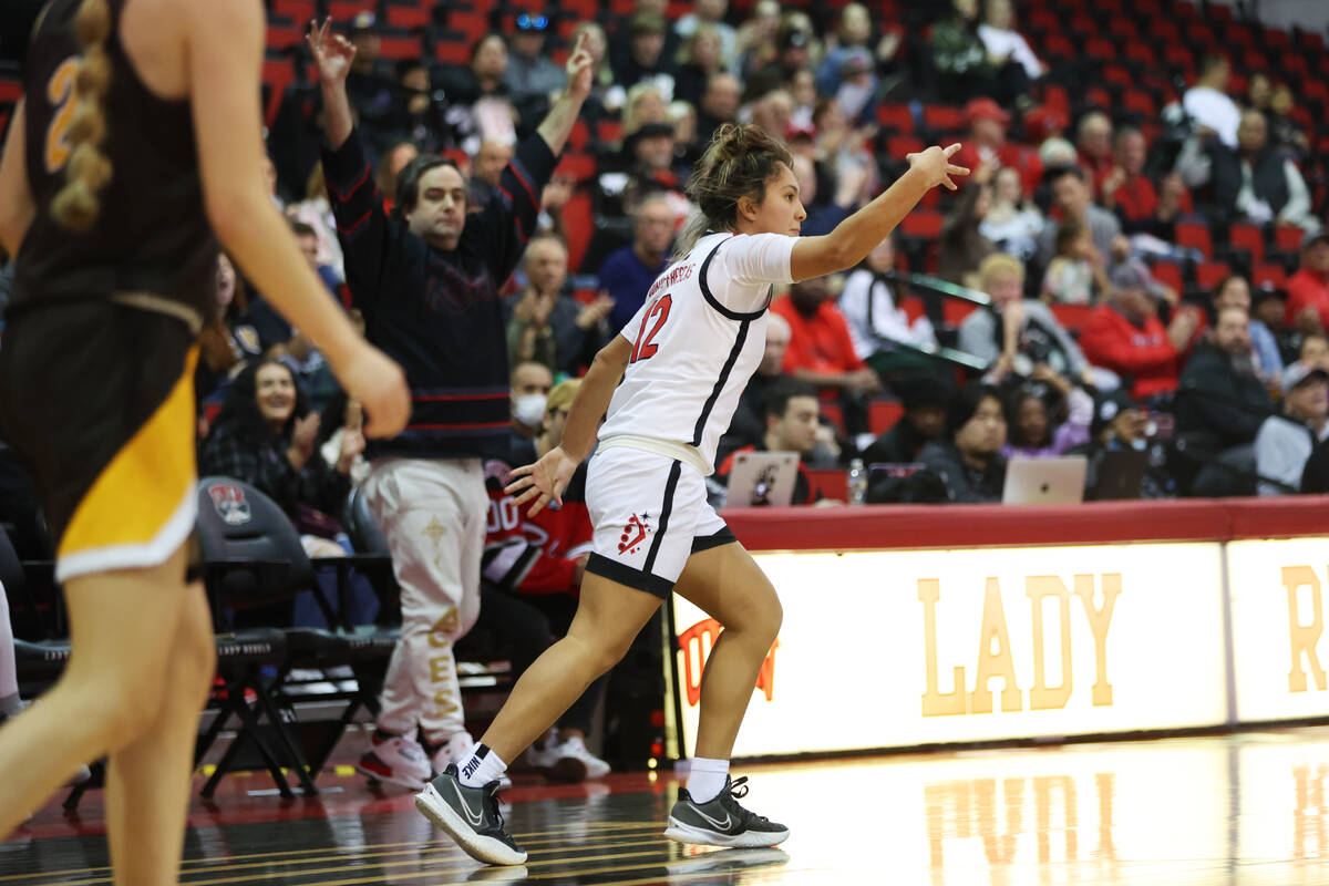 UNLV Lady Rebels guard Alyssa Durazo-Frescas (12) reacts after scoring a 3-point-shot during th ...