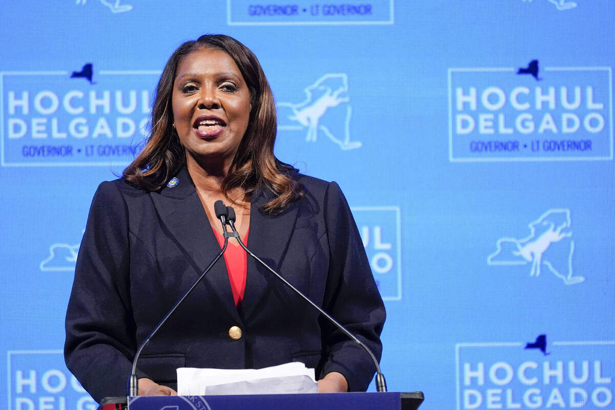 FILE - New York Attorney General Letitia James speaks to supporters during the election night p ...