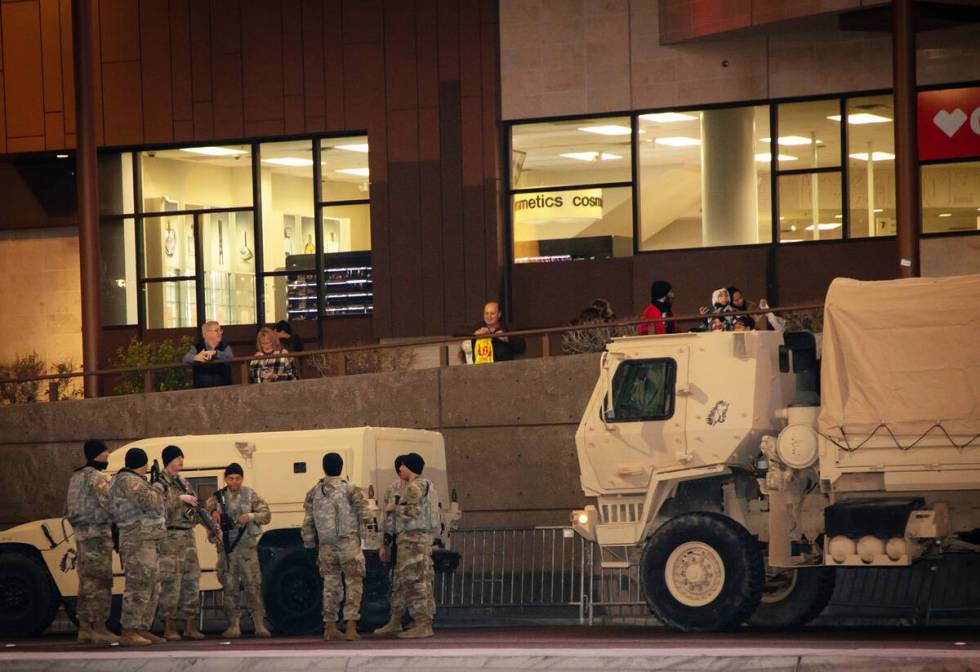 The National Guard patrols the Strip on Saturday, Dec. 31, 2022, in Las Vegas. (Amaya Edwards/L ...