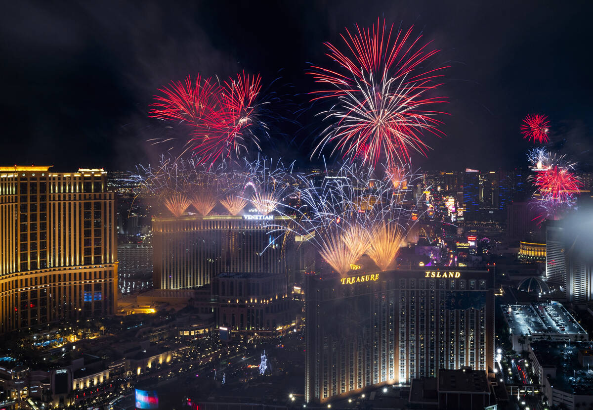 New Year’s Eve fireworks erupts above the Strip viewed from atop the Trump Tower on Sund ...