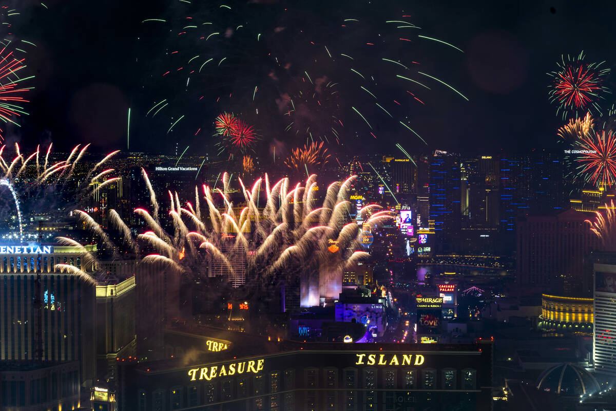 New Year’s Eve fireworks erupts above the Strip viewed from atop the Trump Tower on Sund ...