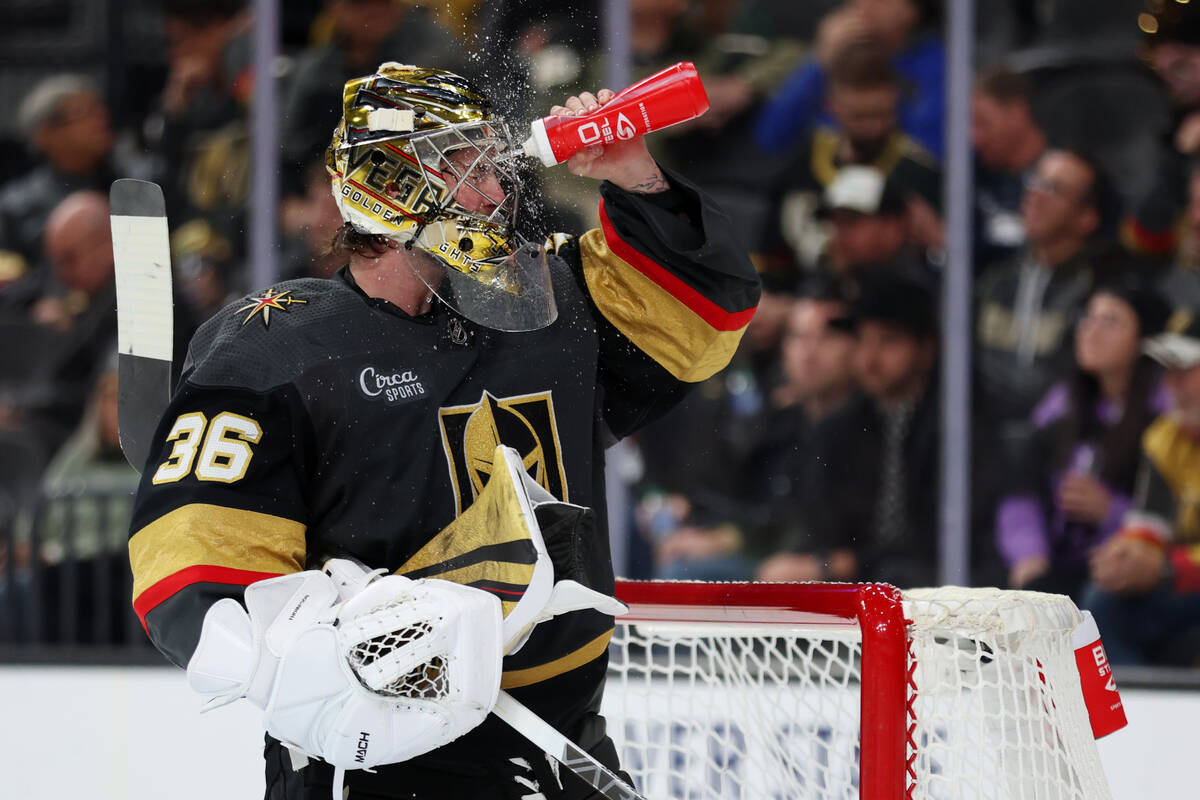 Logan Thompson Game Worn Goalie Mask 2022-23 Las Vegas Golden Knights Stanley Cup Championship Year Painted by Dave Fried Friedesigns on Bauer Shell