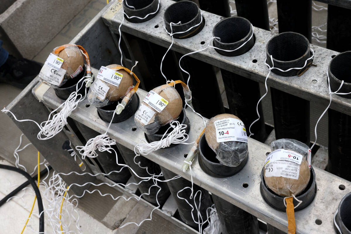 Fireworks by Grucci pyrotechnics on the roof of The Venetian Friday, Dec. 30, 2022. Fireworks f ...