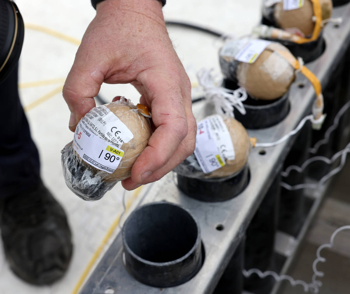 Fireworks by Grucci pyro technician Michael Wassmer shows a pyrotechnics shell while working on ...