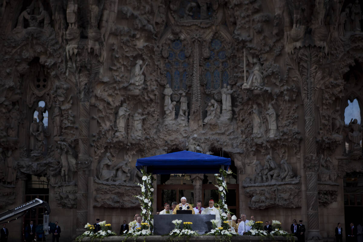 Pope Benedict XVI leads a Mass outside the Sagrada Familia church in Barcelona, Spain, designed ...