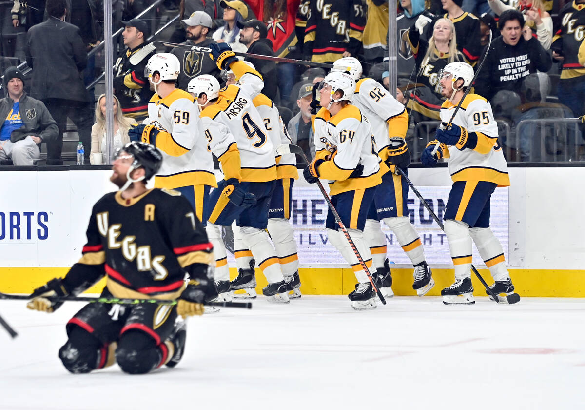 The Nashville Predators celebrate a goal against the Vegas Golden Knights during the third peri ...