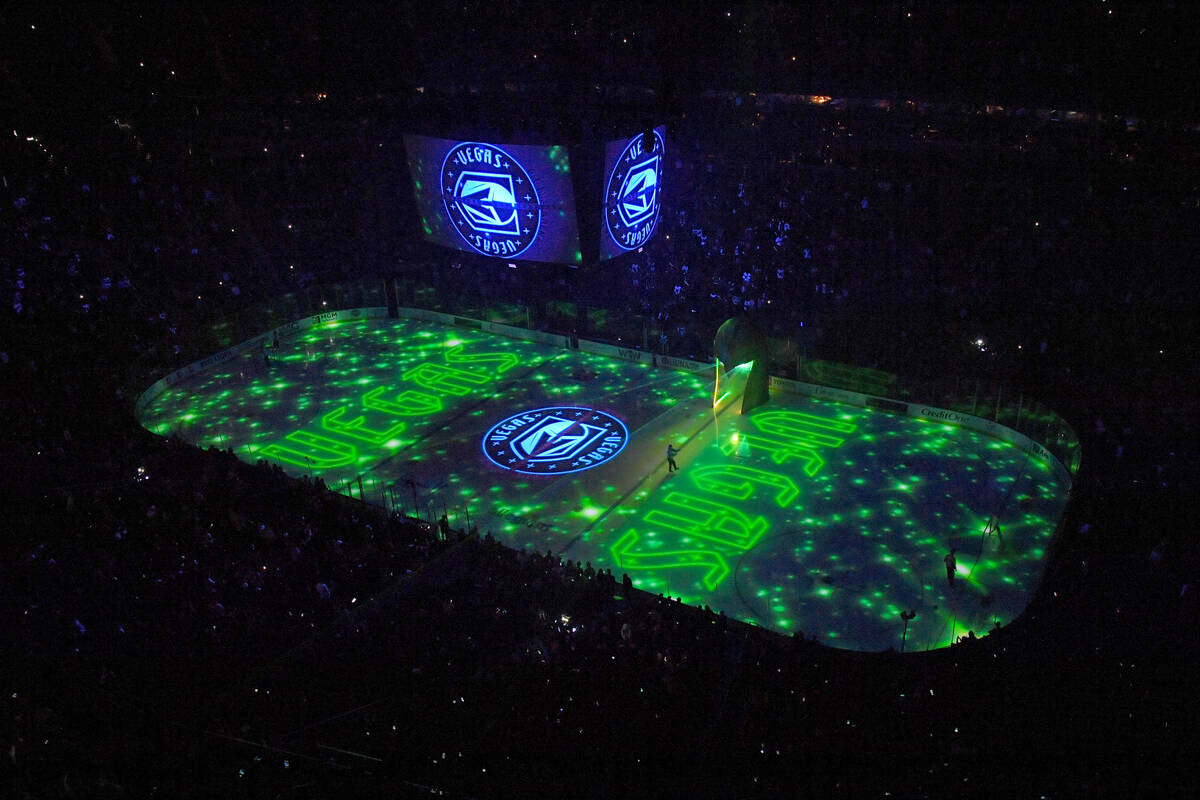A general view of a projection on the ice before an NHL hockey game between the Vegas Golden Kn ...