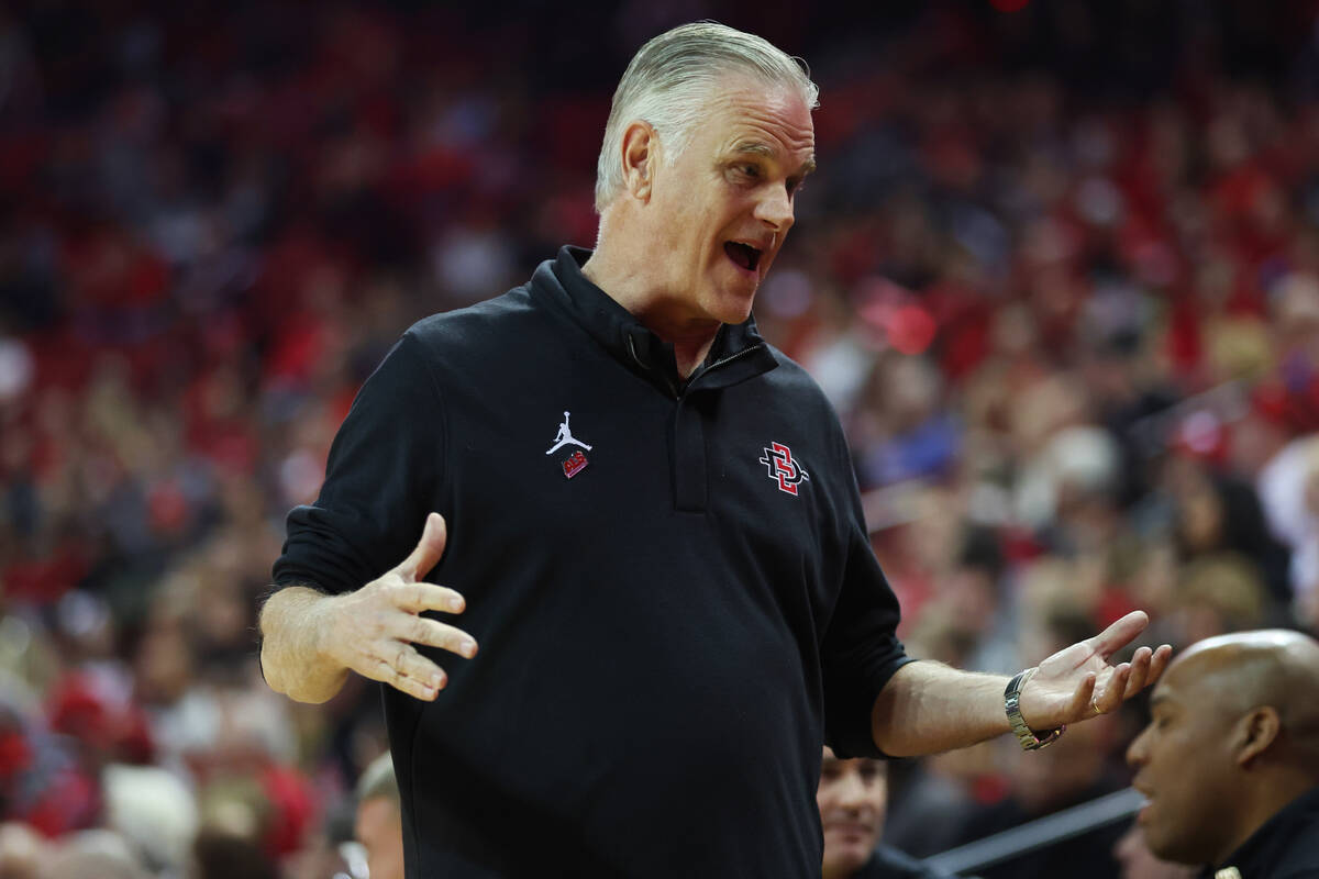San Diego State Aztecs head coach Brian Dutcher reacts after a play during the first half of an ...