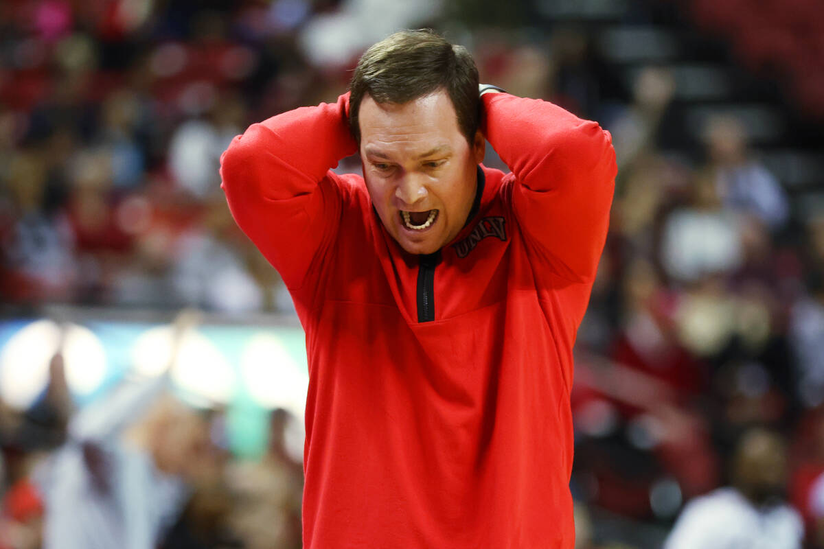 UNLV Rebels head coach Kevin Kruger reacts after a play during the first half of an NCAA colleg ...