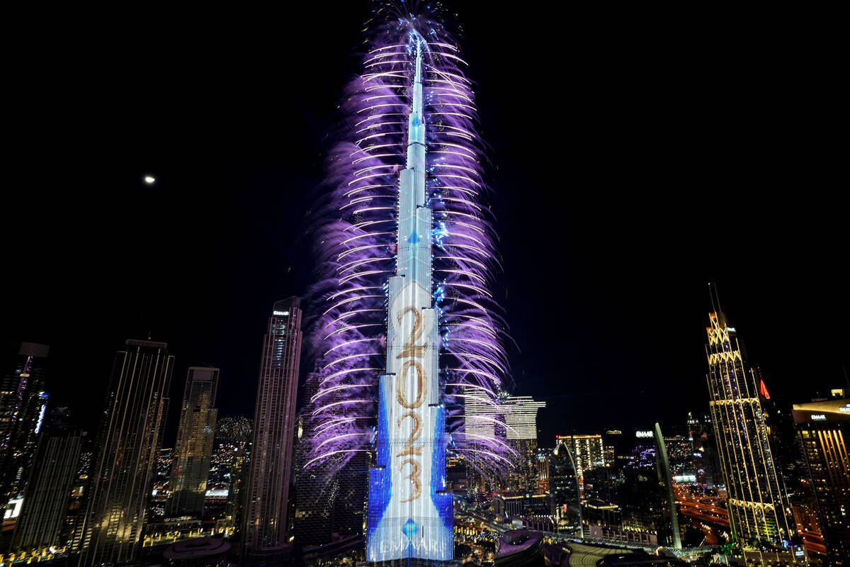 Fireworks explode at the Burj Khalifa, the world's tallest building, during the New Year's Eve ...