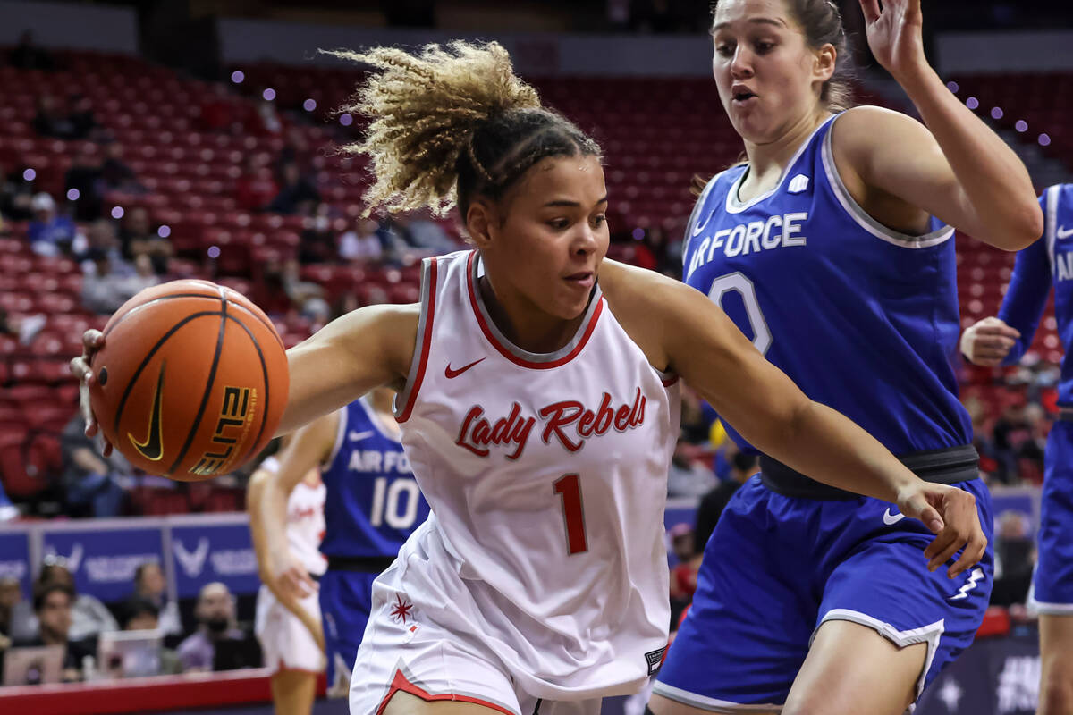 UNLV Lady Rebels forward Nneka Obiazor (1) drives to the basket against Air Force Falcons forwa ...