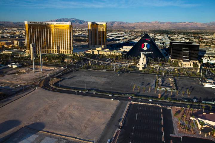 The Route 91 festival site, Mandalay Bay and Luxor about the Las Vegas Strip during an aerial p ...