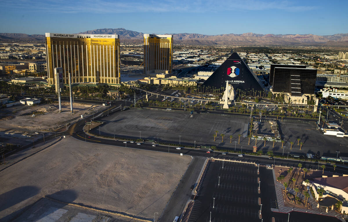 The Route 91 festival site, Mandalay Bay and Luxor about the Las Vegas Strip during an aerial p ...