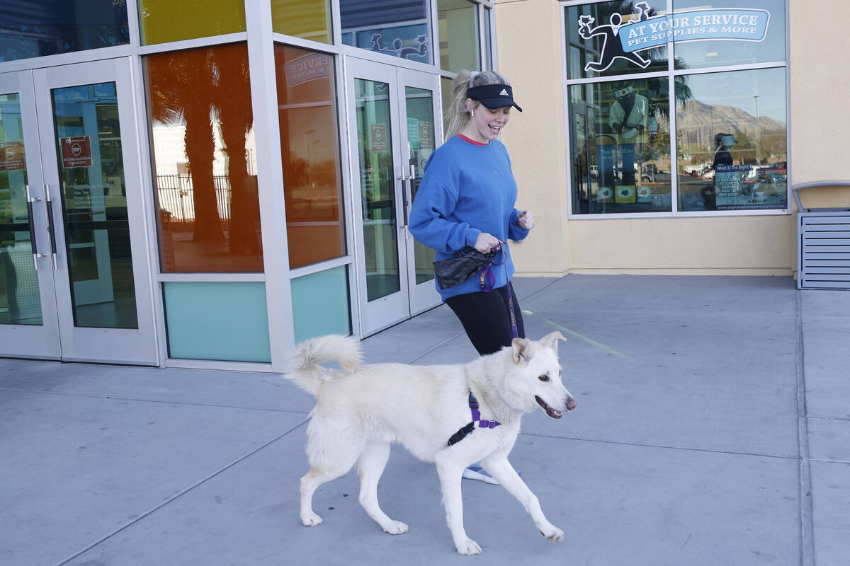 Kelly Porazzo of Las Vegas takes Rumor, a dog from The Animal Foundation, to run, Friday, Dec. ...