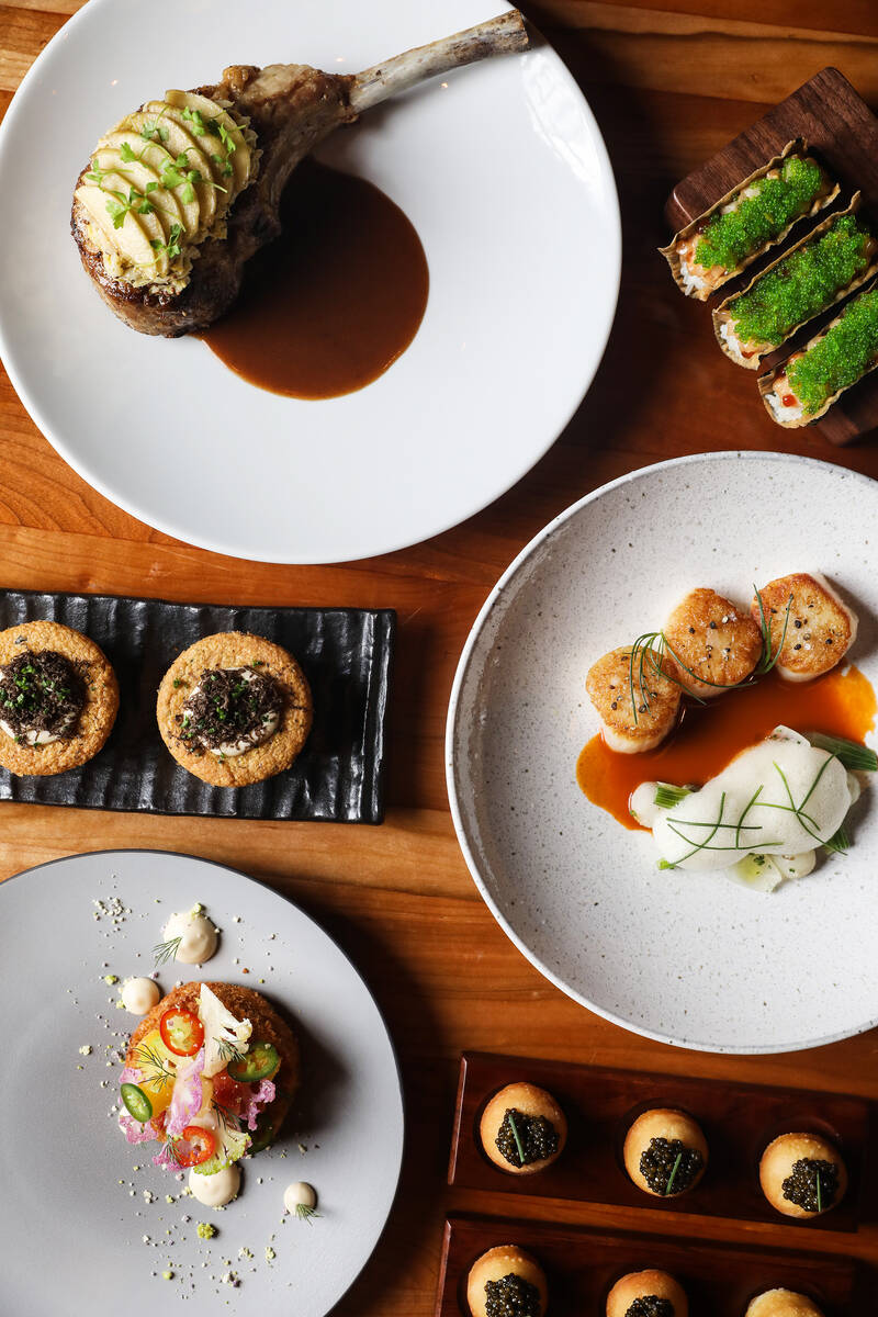 Dishes from Michael Mina’s StripSteak restaurant, clockwise from left, truffle corn bread, Ku ...