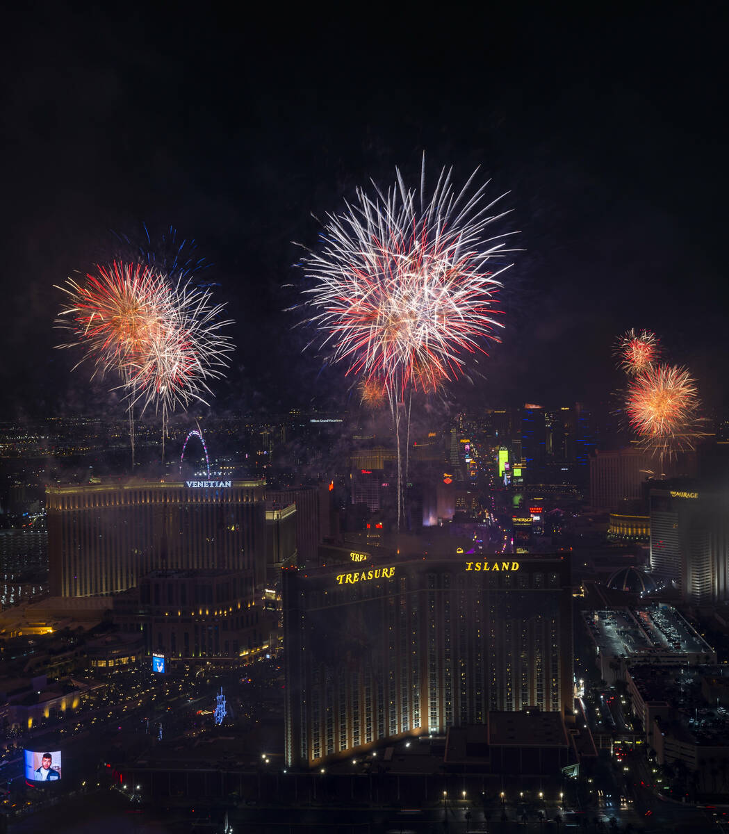 New Year’s Eve fireworks erupt above the Strip viewed from atop the Trump Tower on Sunda ...