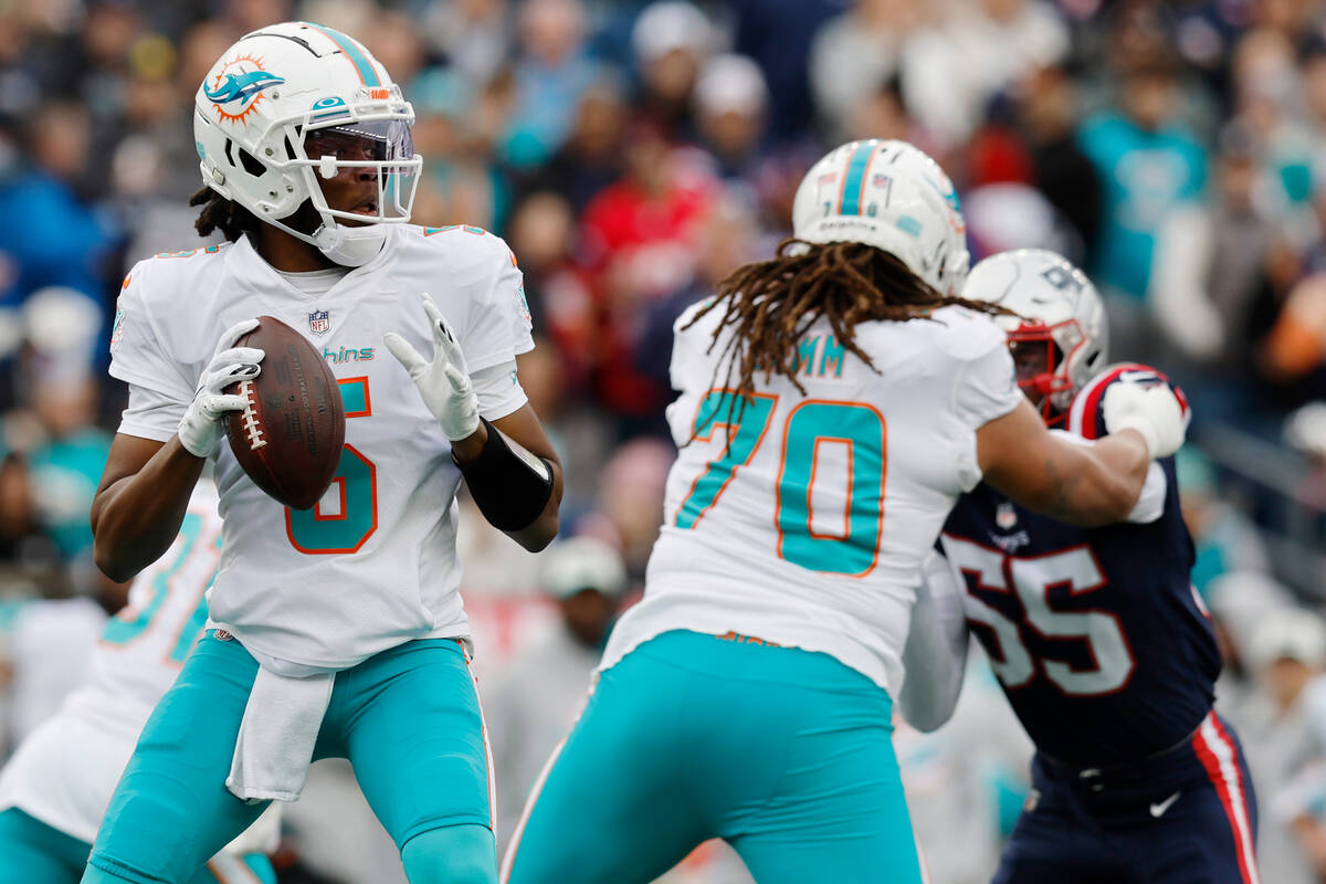 Miami Dolphins quarterback Teddy Bridgewater (5) during the first half of an NFL football game, ...