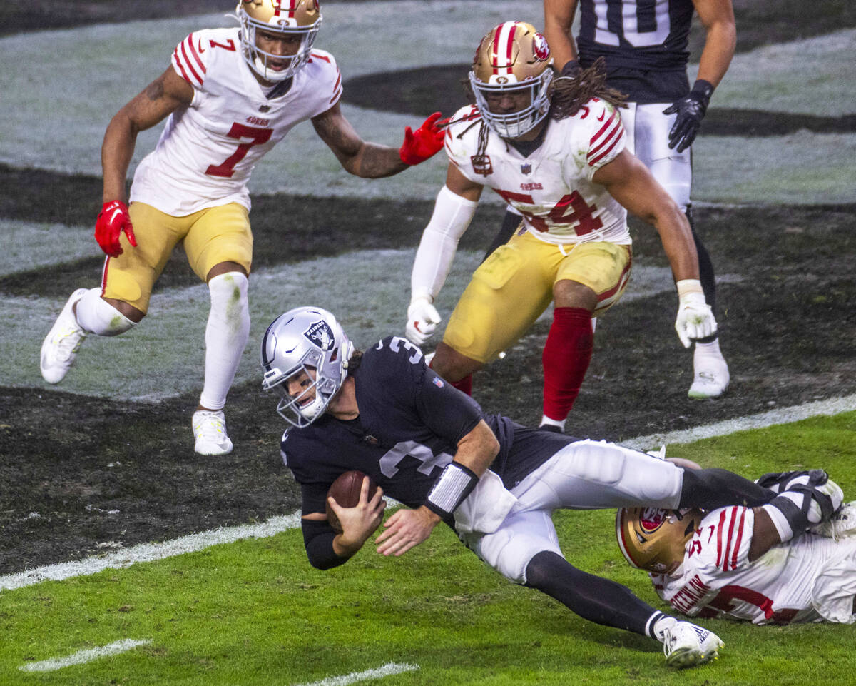 San Francisco 49ers wide receiver Ray-Ray McCloud III (3) looks to the goal line as San Francis ...