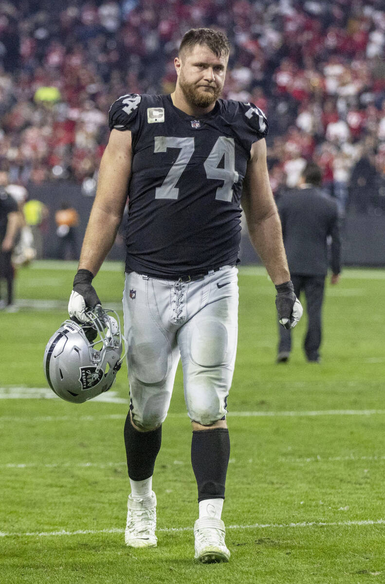 Raiders offensive tackle Kolton Miller (74) leaves the field after the team lost in overtime, 3 ...