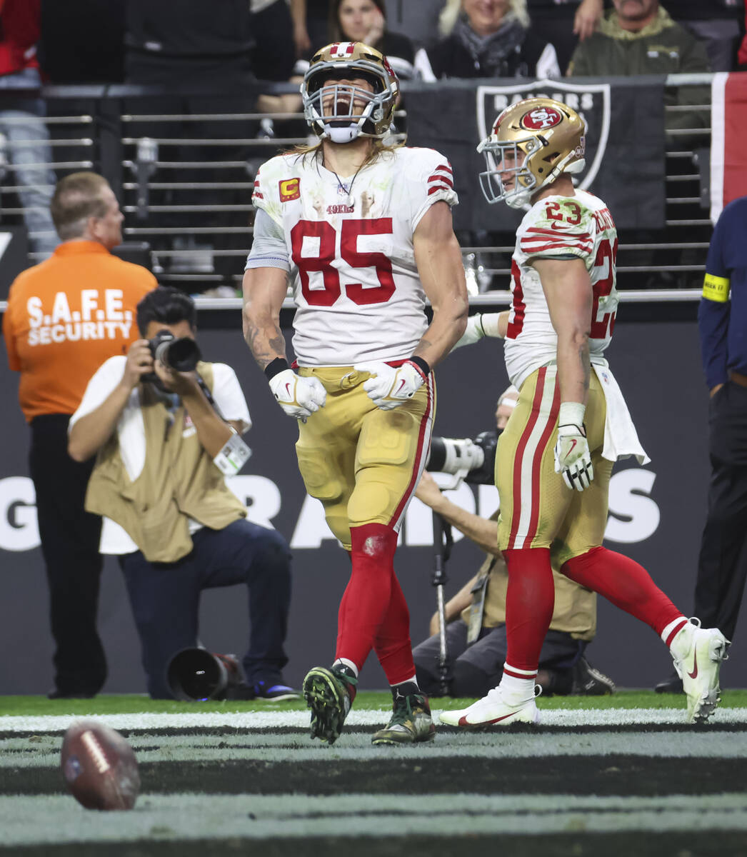 San Francisco 49ers tight end George Kittle (85) reacts after a touchdown against the Raiders d ...